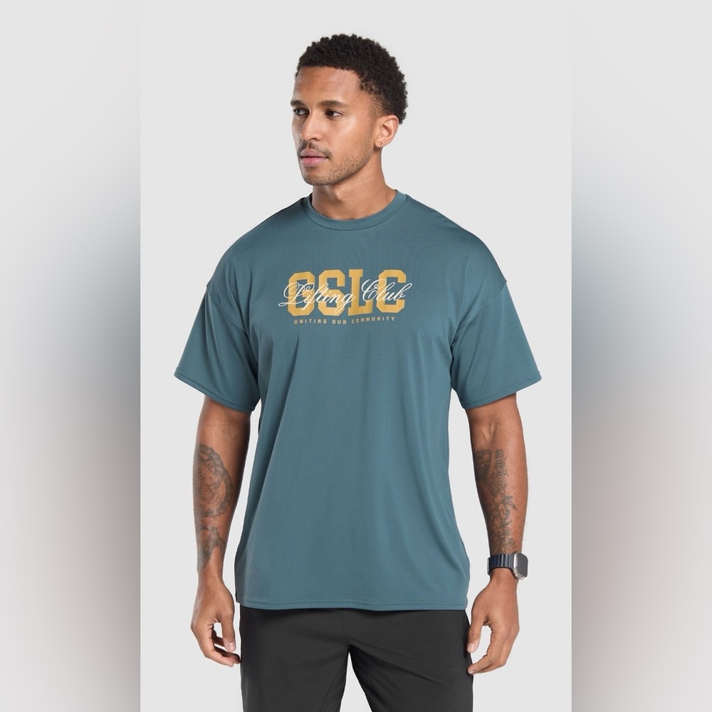 GYMSHARK Men’s Script Graphic T-Shirt Cargo Blue- NWT